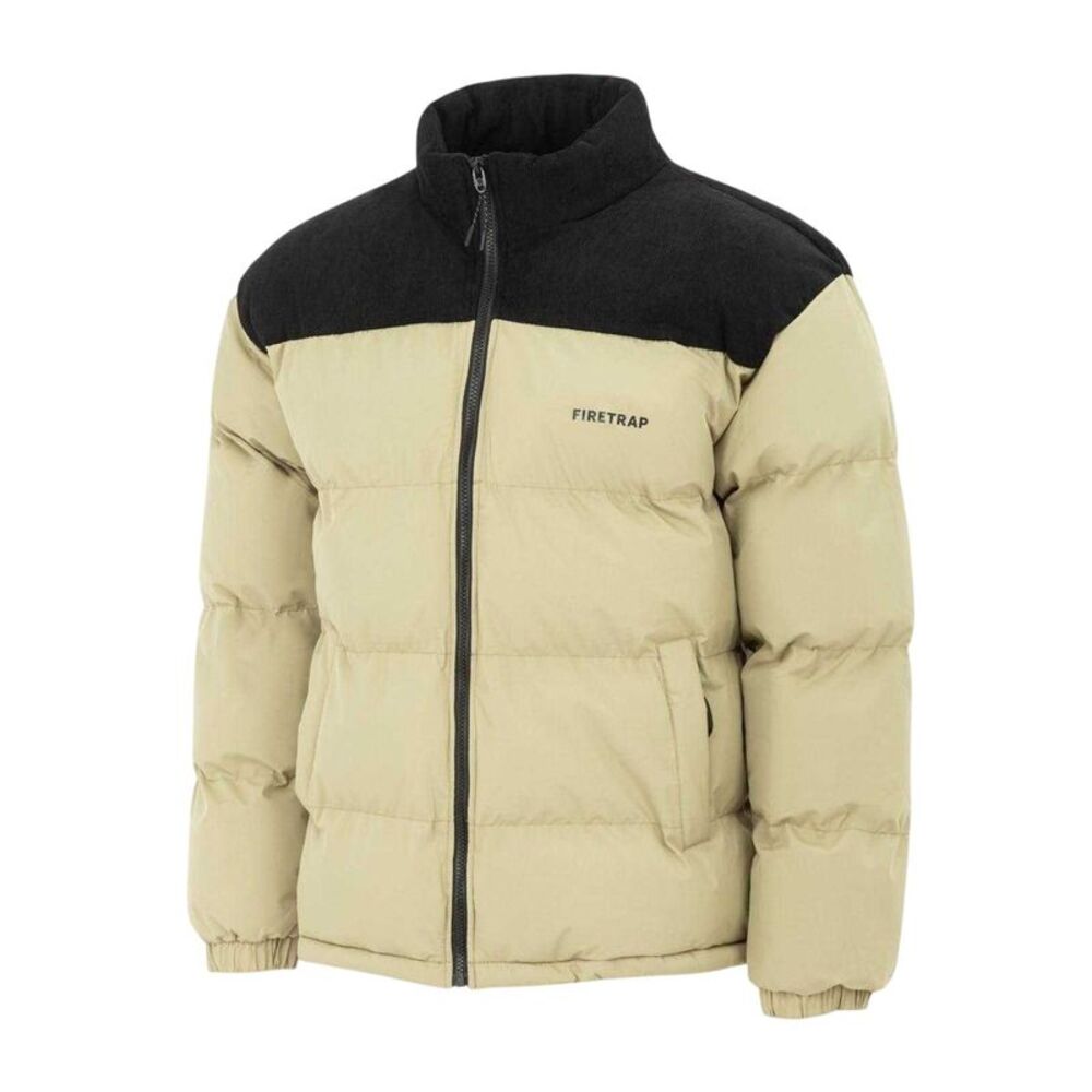 Firetrap Mens Colour Block Corduroy Quilted Puffer Jacket / Light Khaki